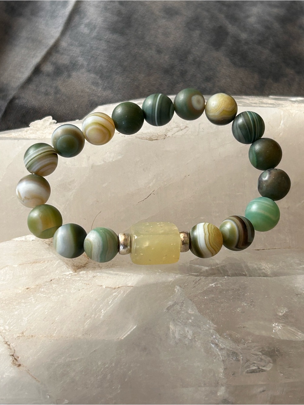 Gobi Eye Green Agate Bead Stretch Bracelet with Yellow Accent